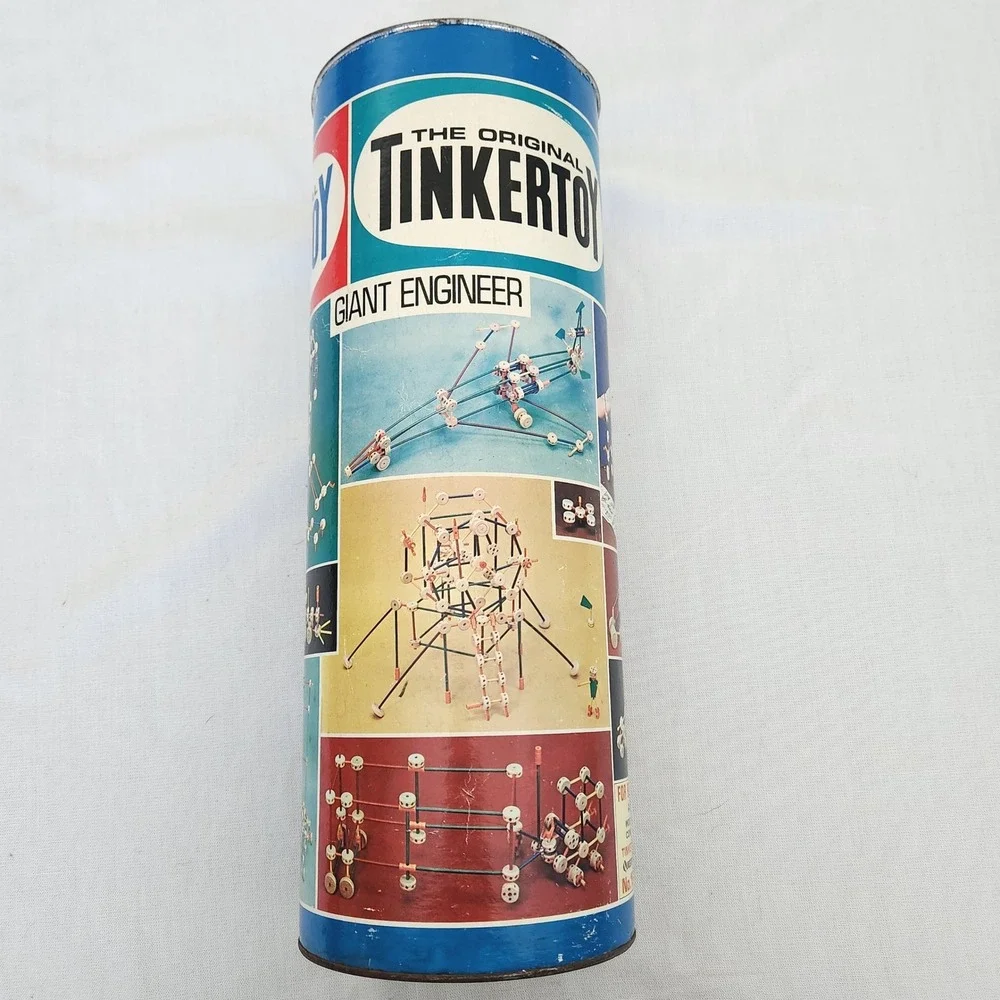 Vintage Tinkertoy Giant Engineer Construction Set 213 Pieces Original Canister